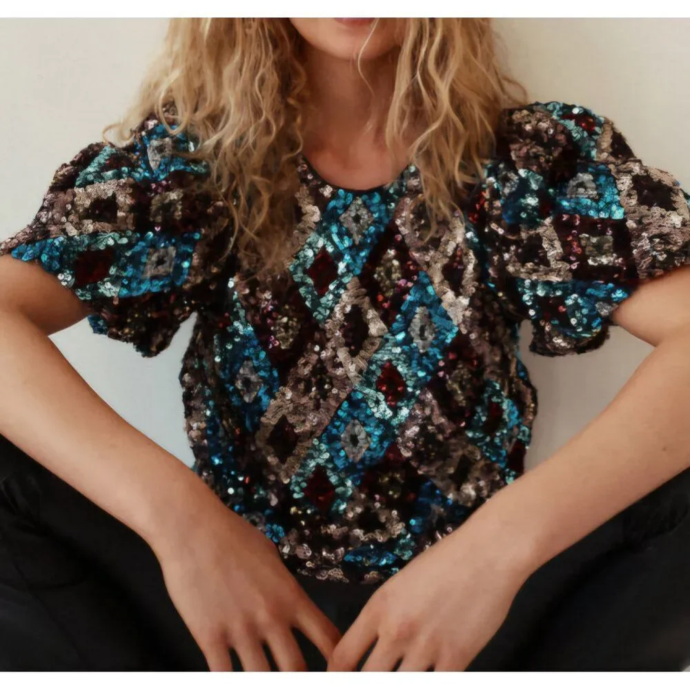 Nwt - Tuckernuck -‎ S - Pomander Place Multi Sequin Jada Blouse Blue